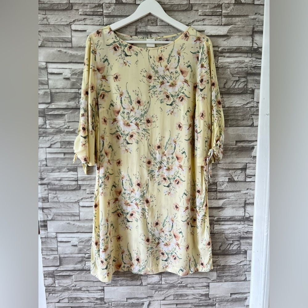H&M Pastel Yellow Floral Slit Bell Open Tie Sleeve Midi Sheath Dress 12